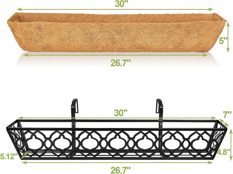 YM 2pcs 30" Window Boxes Horse Trough with Coconut Coir Liner,30 Inch Window Deck with Coco Liner, Black Metal Hanging Flower Planter Window Basket Deck Railing Planter Boxes for Outdoor Indoor - Image 2